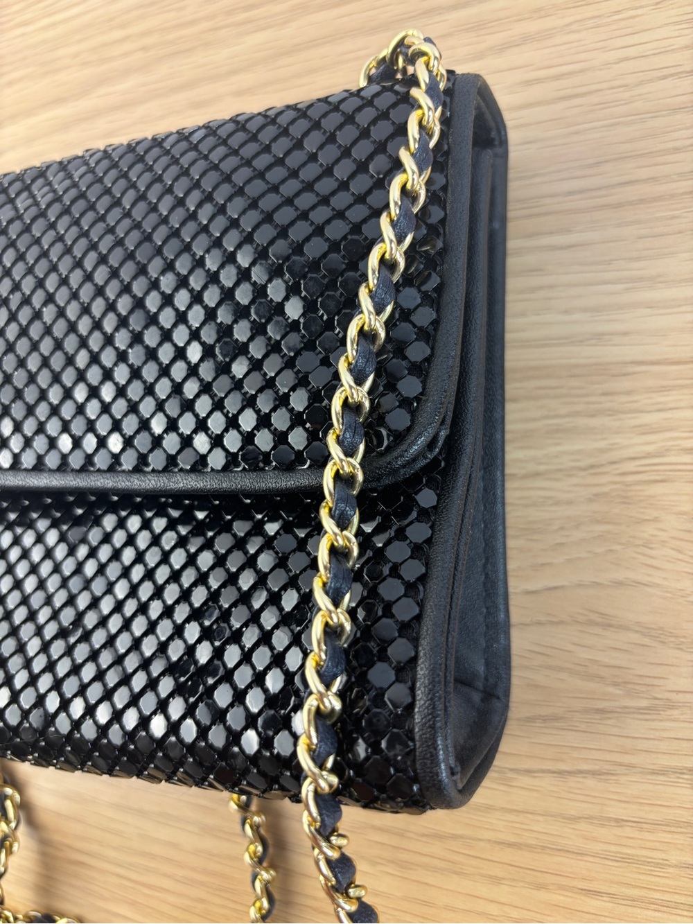 Vintage Whiting & Davis Black Metal Mesh with Gold Tone Interwoven Chain Strap - Picture 2 of 10